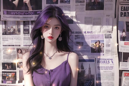 报纸，墙壁，身着紫色吊带长裙的超美美女半身照桌面壁纸图片