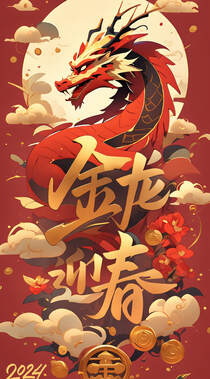 金龙迎春文字手机壁纸，红色喜庆，卡通龙 2024龙年节日手机壁纸