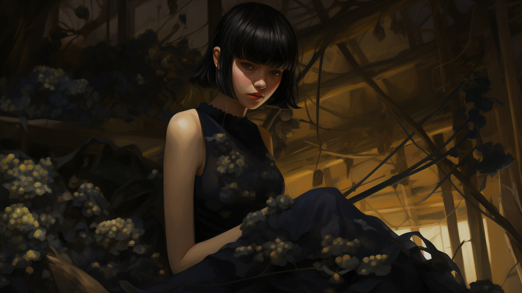 坐在木屋花房里的齐刘海短发AI旗袍美女高清电脑壁纸图片