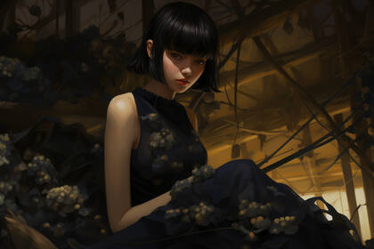 坐在木屋花房里的齐刘海短发AI旗袍美女高清电脑壁纸图片