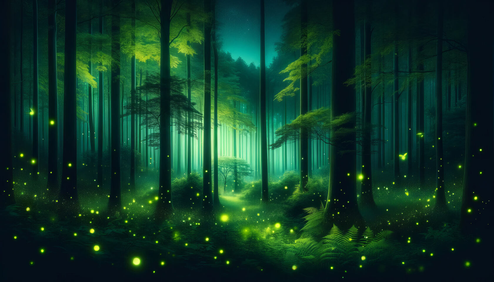 萦绕着雾气的梦幻绿色森林，以及漫天飞舞的萤火虫唯美桌面壁纸图片第1张图片
