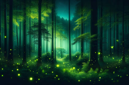 萦绕着雾气的梦幻绿色森林，以及漫天飞舞的萤火虫唯美桌面壁纸图片