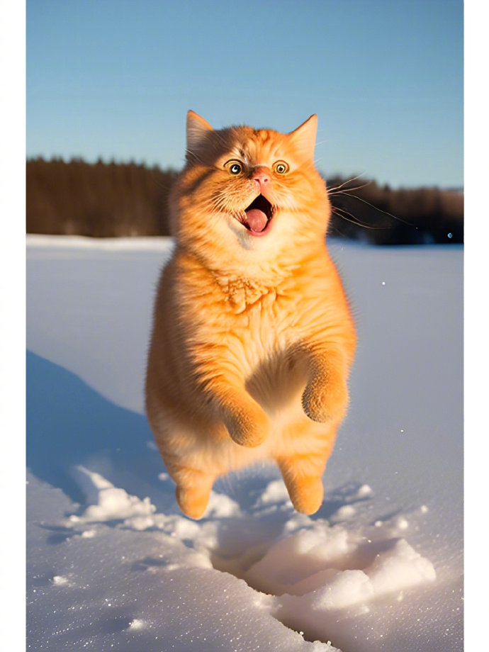 冰天雪地里，做着各种动作的可爱黄色小胖猫图片图片
