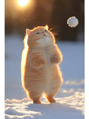 冰天雪地里，做着各种动作的可爱黄色小胖猫图片图片