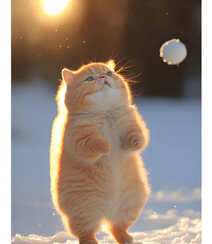 冰天雪地里，做着各种动作的可爱黄色小胖猫图片组图1