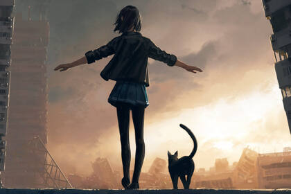 城市高楼大厦，站在阳台边缘，张开双臂的动漫少女和她的猫唯美壁纸图片
