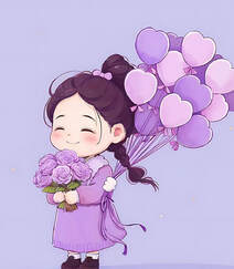 可爱紫色穿搭麻花辫卡通小女孩，抱着气球，花束等各种礼物笑宛如小精灵插画图片组图2