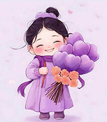 可爱紫色穿搭麻花辫卡通小女孩，抱着气球，花束等各种礼物笑宛如小精灵插画图片组图1
