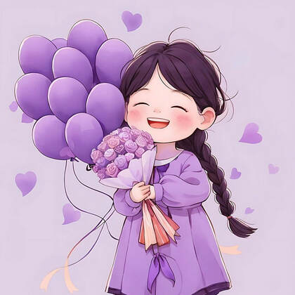 可爱紫色穿搭麻花辫卡通小女孩，抱着气球，花束等各种礼物笑宛如小精灵插画图片