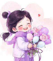 可爱紫色穿搭麻花辫卡通小女孩，抱着气球，花束等各种礼物笑宛如小精灵插画图片组图5