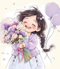 可爱紫色穿搭麻花辫卡通小女孩，抱着气球，花束等各种礼物笑宛如小精灵插画图片组图6