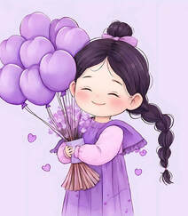 可爱紫色穿搭麻花辫卡通小女孩，抱着气球，花束等各种礼物笑宛如小精灵插画图片组图9