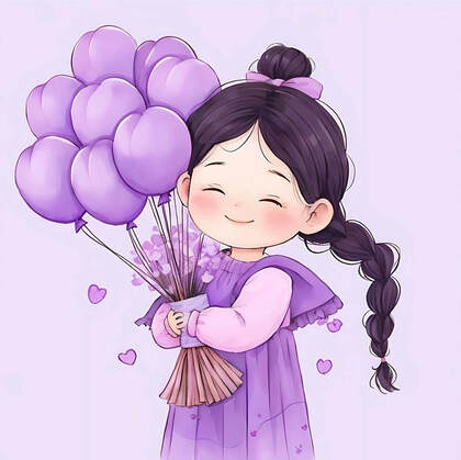 可爱紫色穿搭麻花辫卡通小女孩，抱着气球，花束等各种礼物笑宛如小精灵插画图片