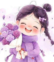 可爱紫色穿搭麻花辫卡通小女孩，抱着气球，花束等各种礼物笑宛如小精灵插画图片组图8