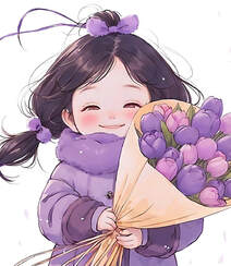 可爱紫色穿搭麻花辫卡通小女孩，抱着气球，花束等各种礼物笑宛如小精灵插画图片组图7