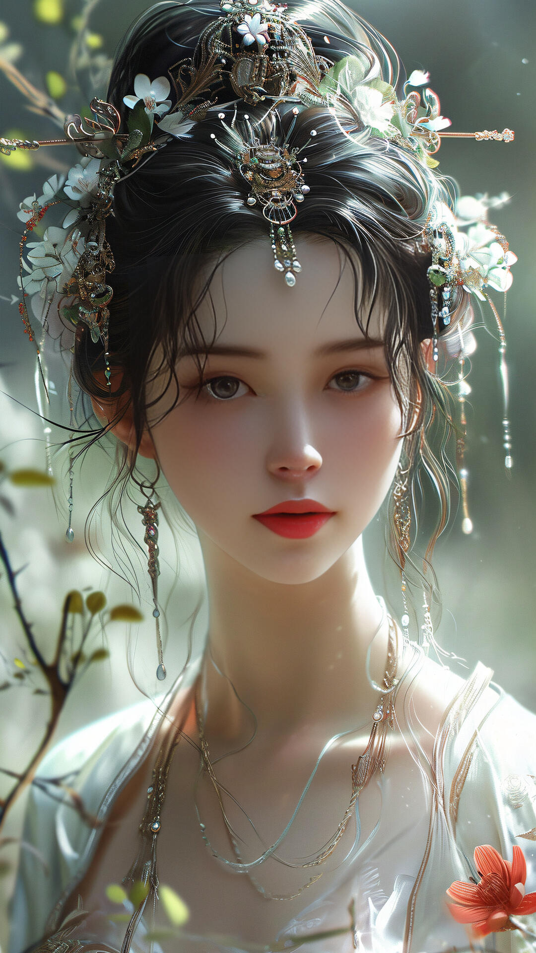 古装动漫美女4，绿色枝叶旁，打扮精致，头戴朱钗的白衣仙气AI美女手机壁纸