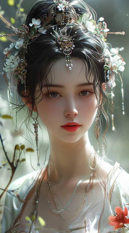 古装动漫美女4，绿色枝叶旁，打扮精致，头戴朱钗的白衣仙气AI美女手机壁纸