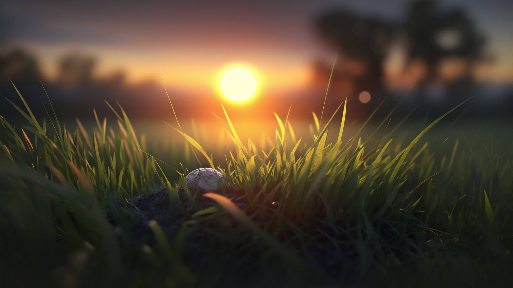 夕阳下，清新养眼的青青绿草，小草唯美AI桌面壁纸图片第1张图片