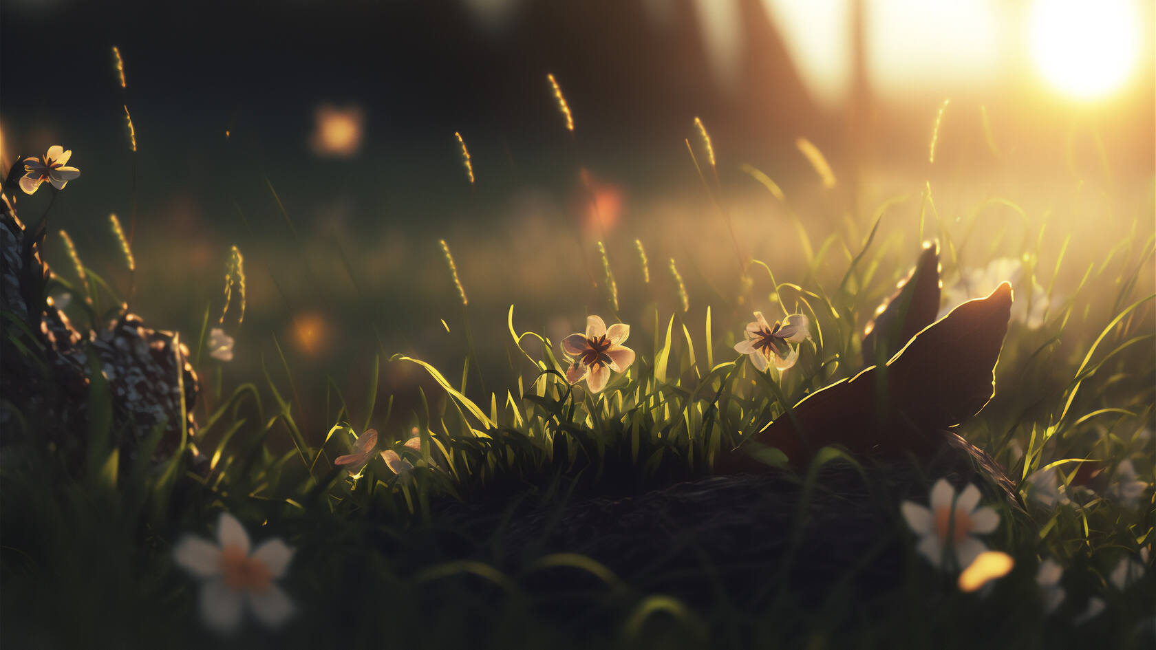 朝阳悄悄的爬上来，暖阳照耀下的小花小草唯美清新AI桌面壁纸图片第1张图片
