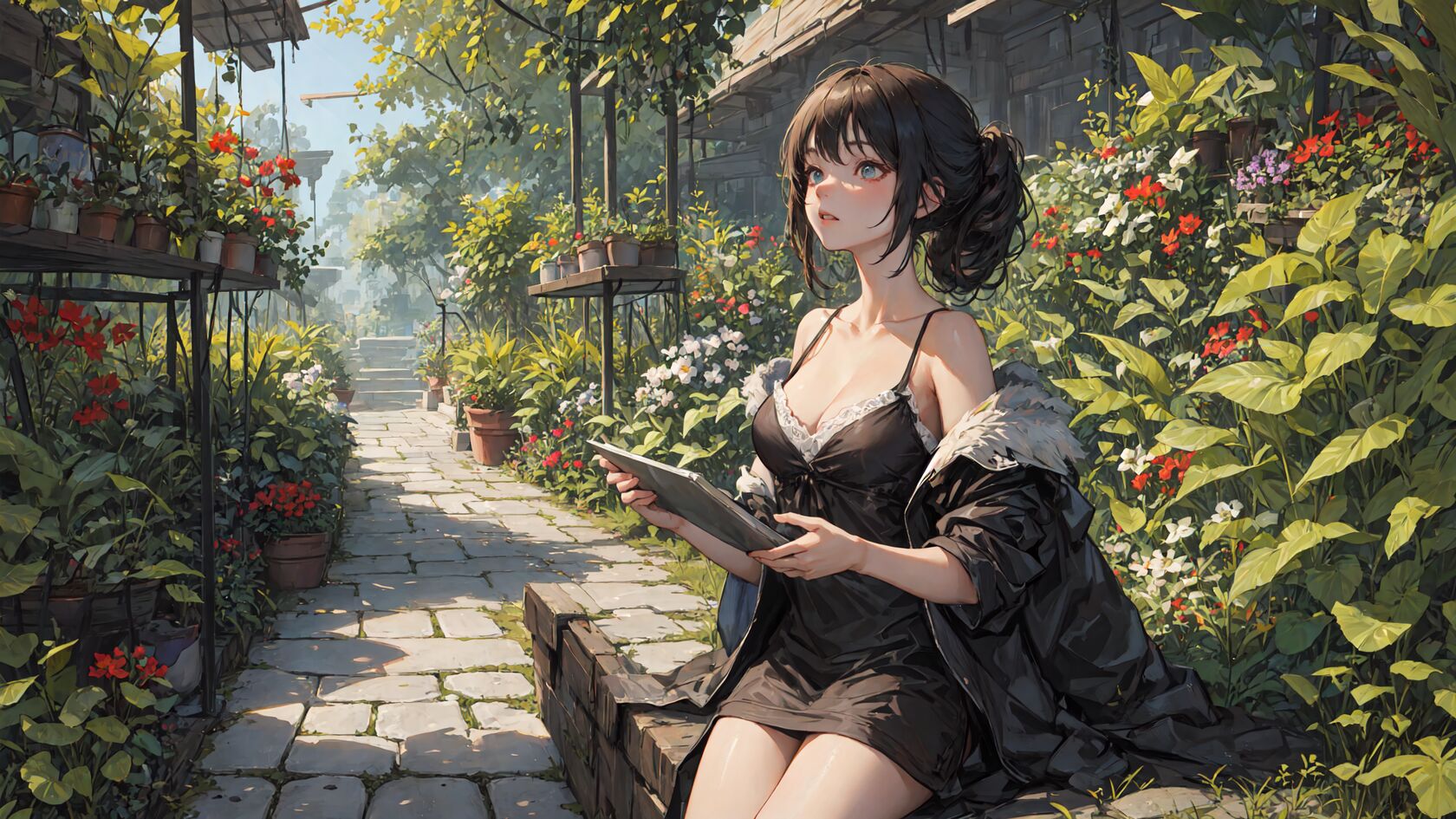 喜爱花花草草的性感黑色吊带睡裙AI动漫美女在阳光明媚花圃静坐壁纸图片第1张图片