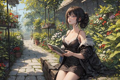 喜爱花花草草的性感黑色吊带睡裙AI动漫美女在阳光明媚花圃静坐壁纸图片