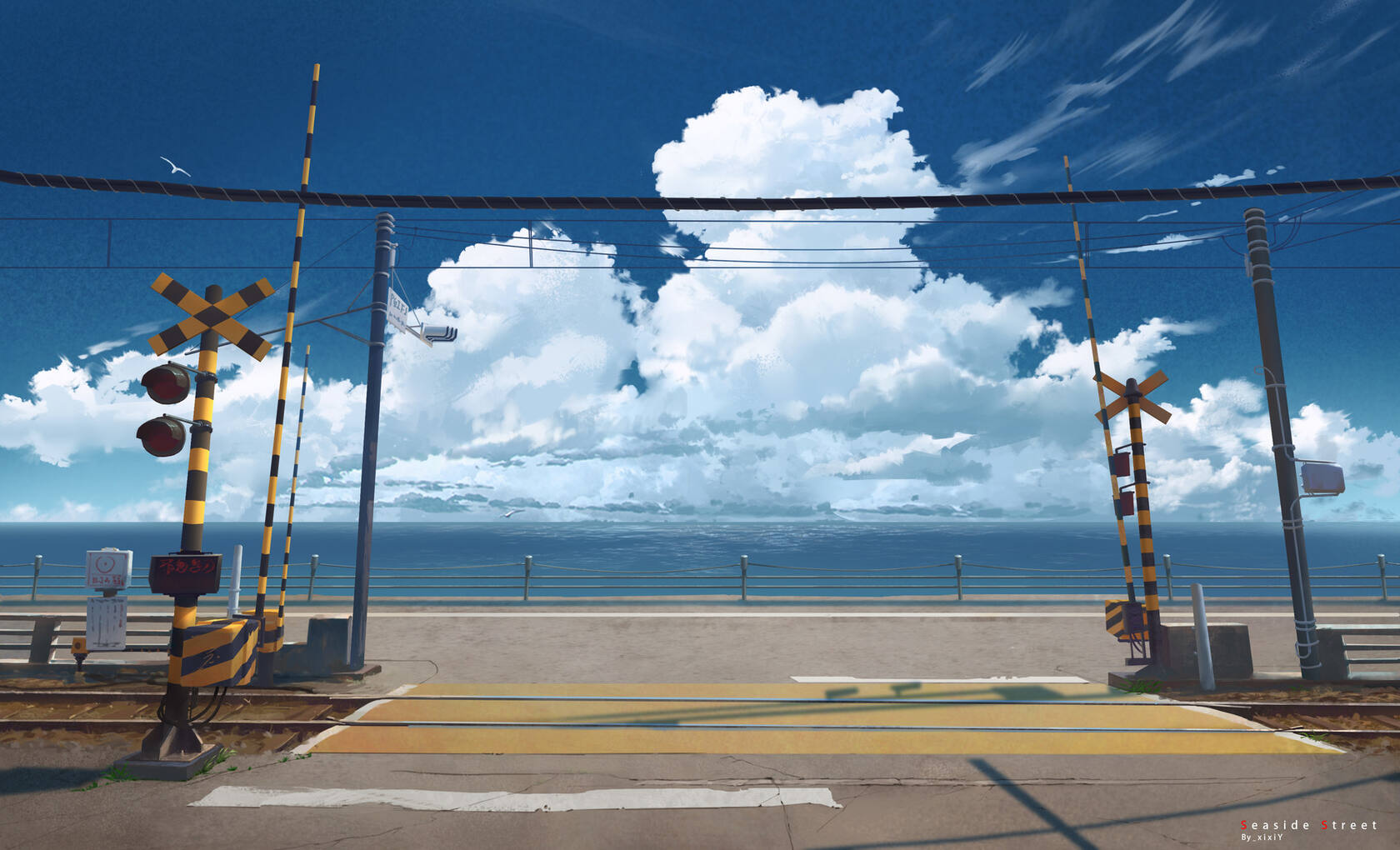蓝天白云，铁路，栏杆，马路，警示牌，唯美户外铁路马路风景壁纸图片
