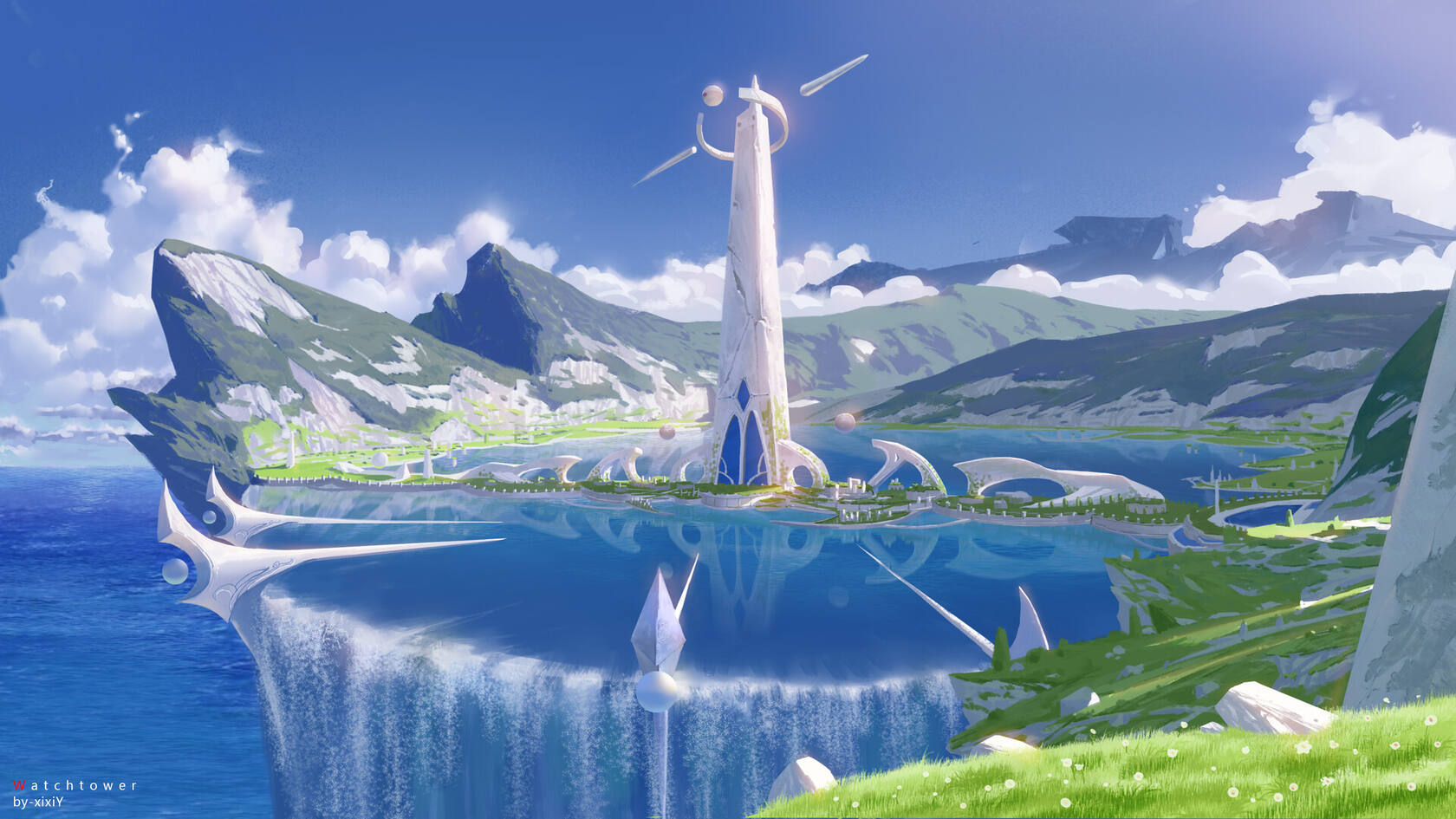 水池，山，水流，蓝天，白云，水，清新虚幻场景壁纸图片第1张图片