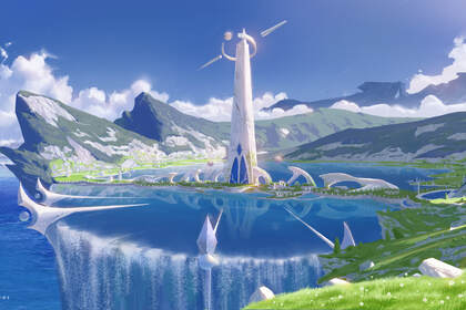 水池，山，水流，蓝天，白云，水，清新虚幻场景壁纸图片