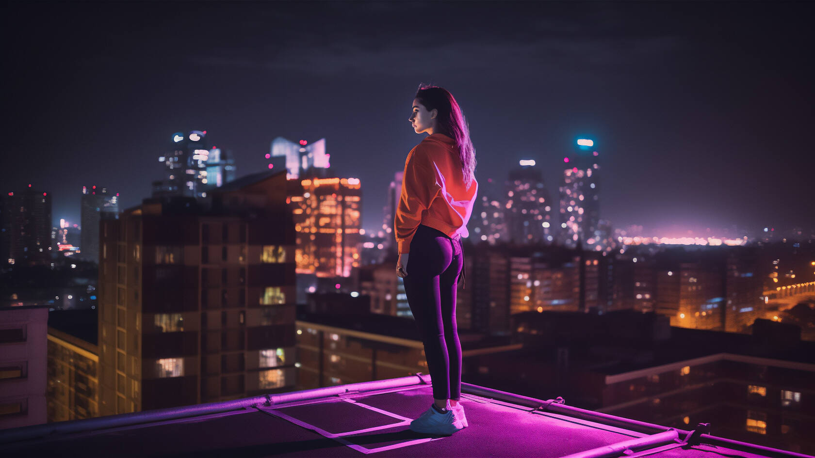 夜晚，站在楼顶天台 穿着红色外套紧身裤的女人高清AI壁纸图片