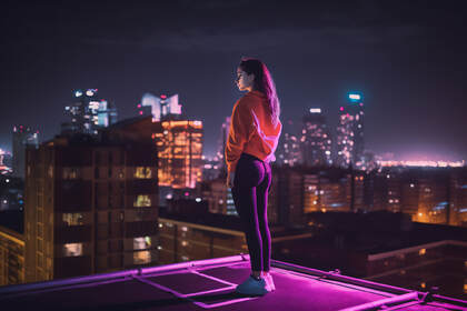 夜晚，站在楼顶天台 穿着红色外套紧身裤的女人高清AI壁纸图片