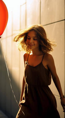阳光下穿着一身红色连衣裙，手拿气球的欧美蓬松长发美少女手机壁纸图片组图3