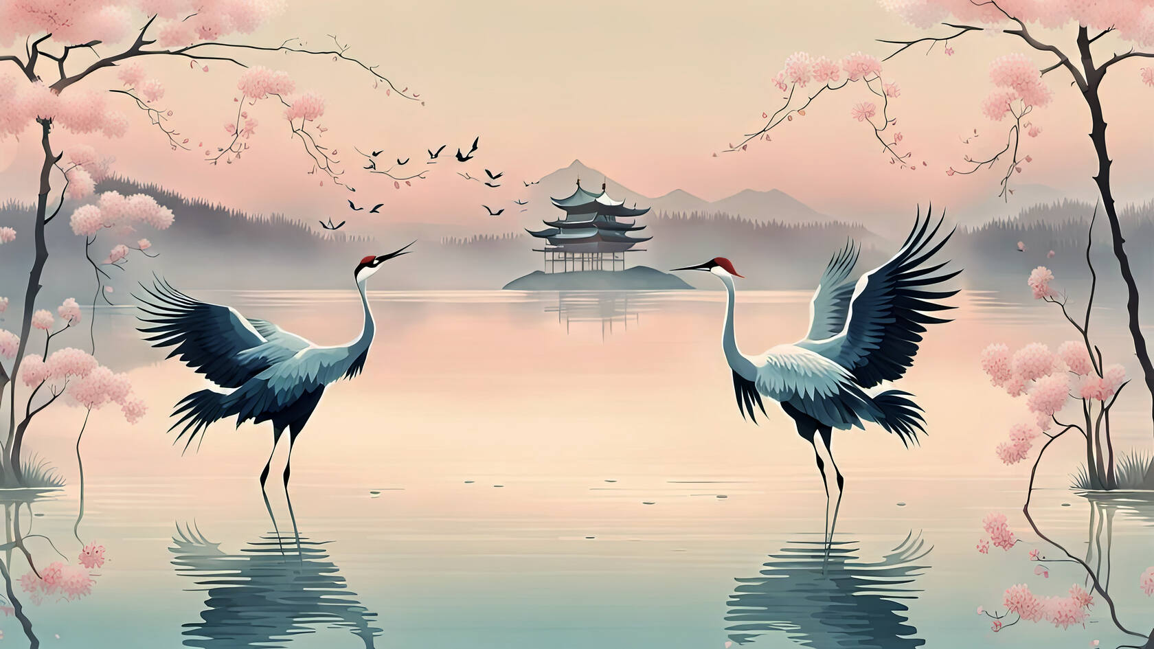 湖泊，凉亭，两只仙鹤，唯美中国风壁纸图片第1张图片