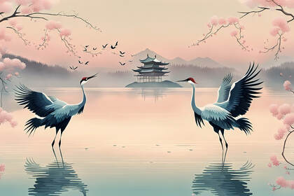 湖泊，凉亭，两只仙鹤，唯美中国风壁纸图片