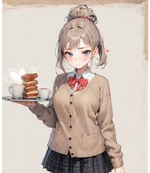 不同风格，穿着JK短裙的动漫美少女手拿美食，盘子，蛋糕，面包，汉堡，咖啡美图组图1