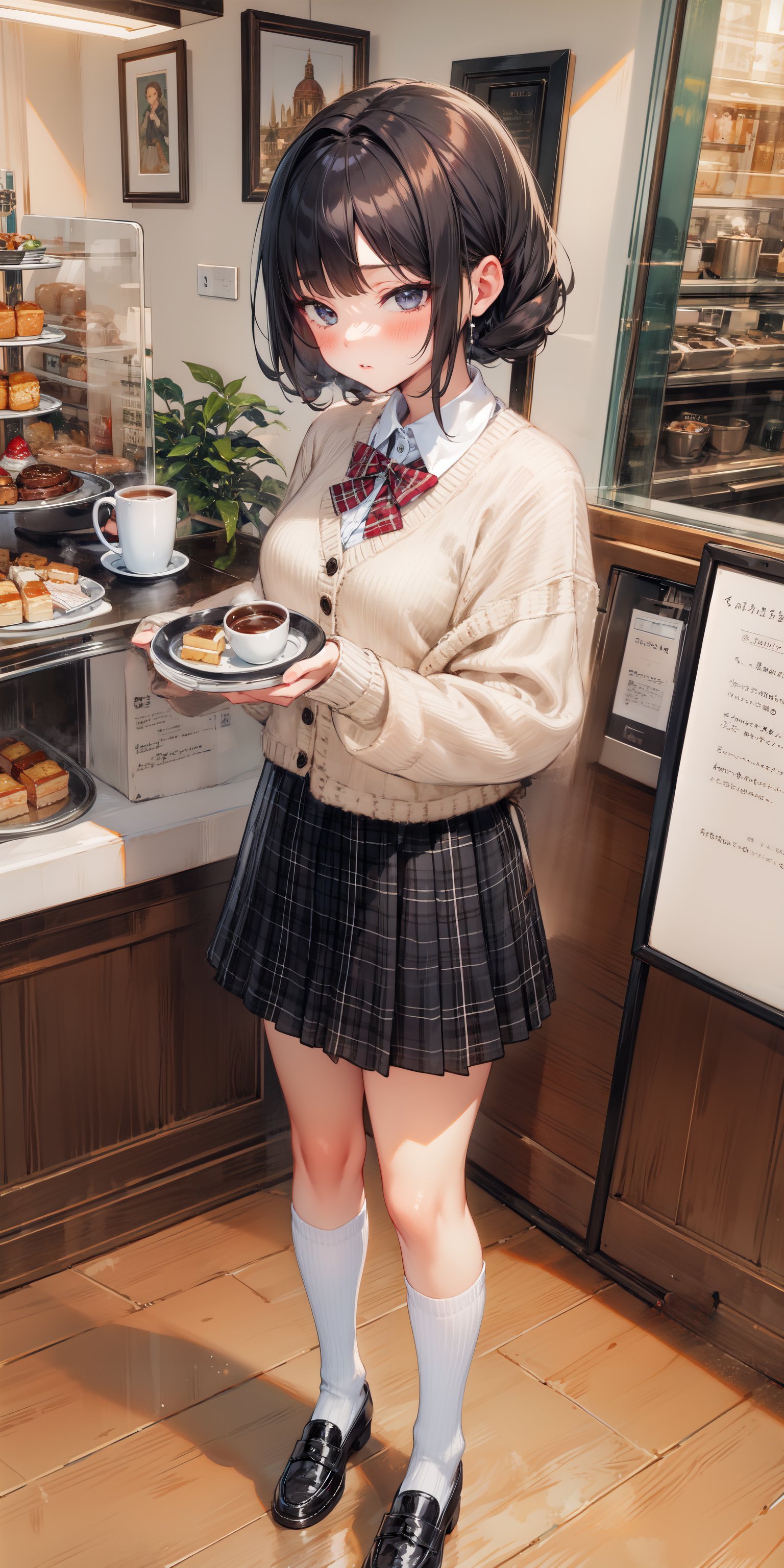 不同风格，穿着JK短裙的动漫美少女手拿美食，盘子，蛋糕，面包，汉堡，咖啡美图图片