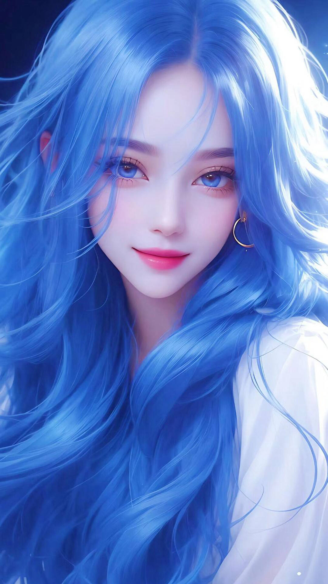 AI美女，蓝色头发，蓝色眼睛，高颜值AI青春美少女手机壁纸图片