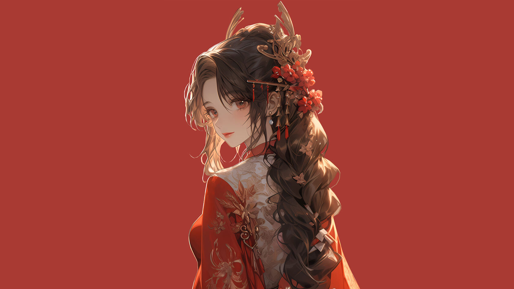穿着喜庆红色“中国红”新衣，红色背景前，长长麻花辫动漫AI美女侧颜壁纸图片