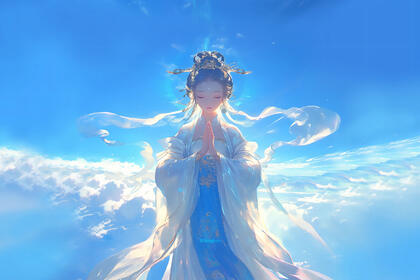 蓝天之上，双手合十，仙气飘飘，飞升成仙女的动漫女神桌面壁纸图片