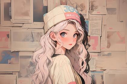 戴着可爱帽子的粉色卷发发型漂亮大眼睛美少女AI美图壁纸图片