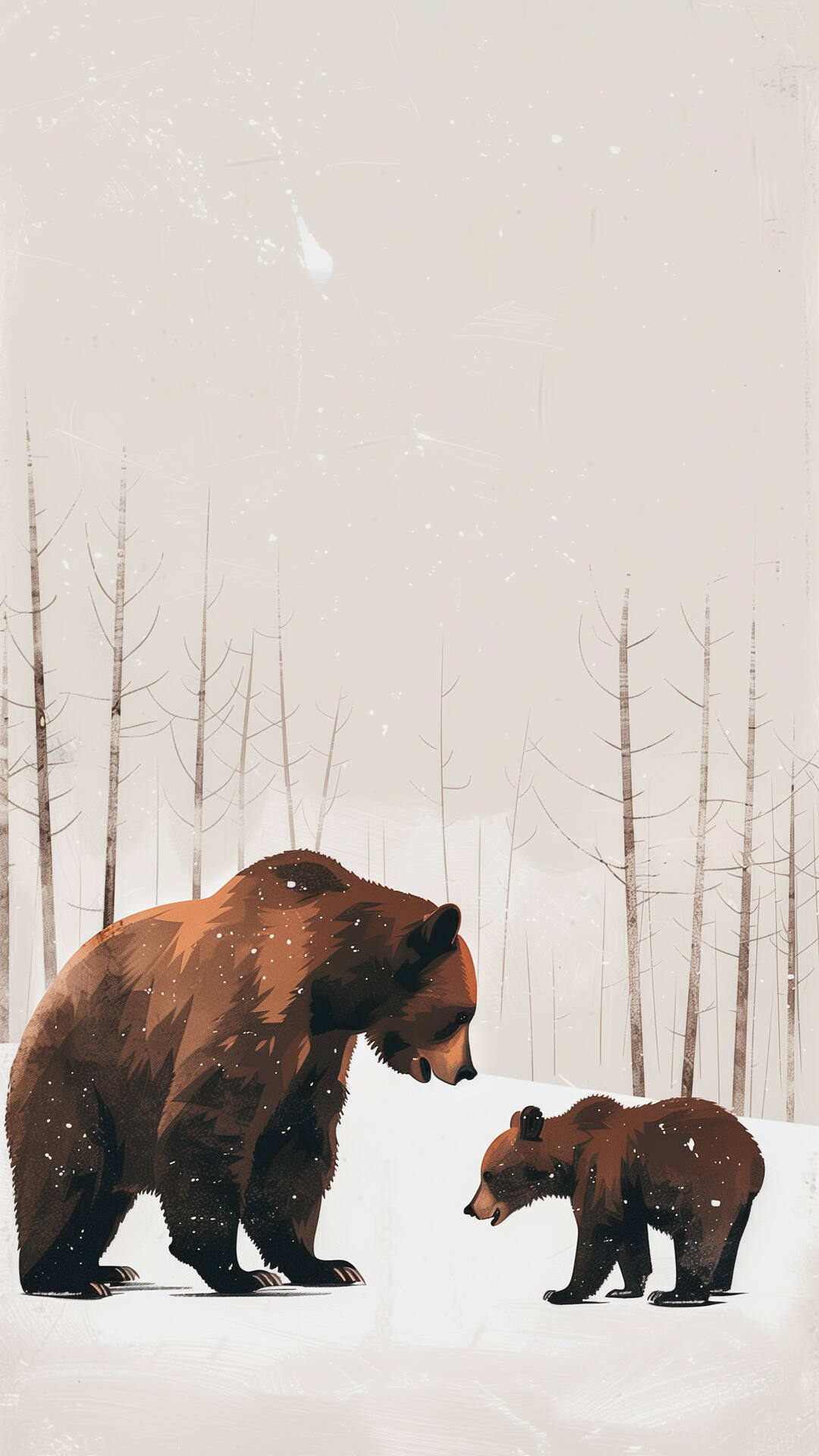 雪地里，大灰熊和它的小熊孩子意境插画手机壁纸图片