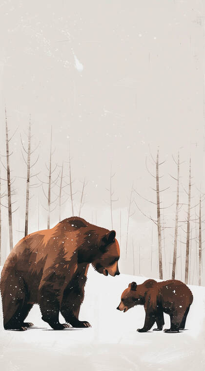 雪地里，大灰熊和它的小熊孩子意境插画手机壁纸图片
