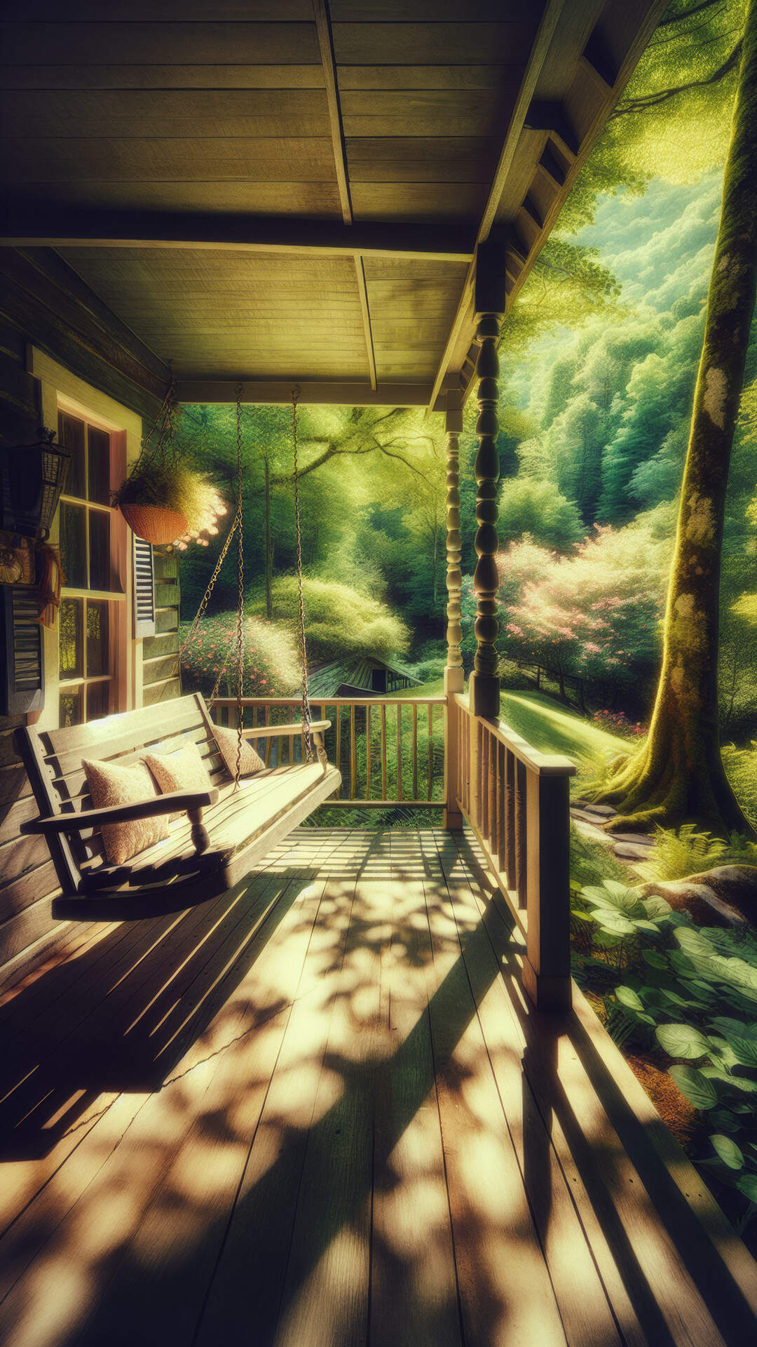 森林里的木屋，吊椅唯美森系手机壁纸图片