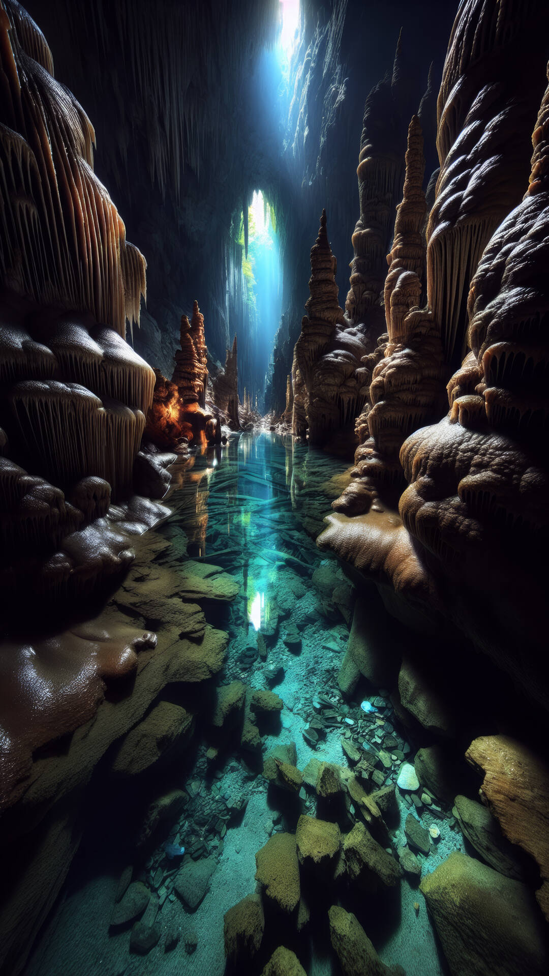 神秘的地下溶洞，地下河，风景手机壁纸图片