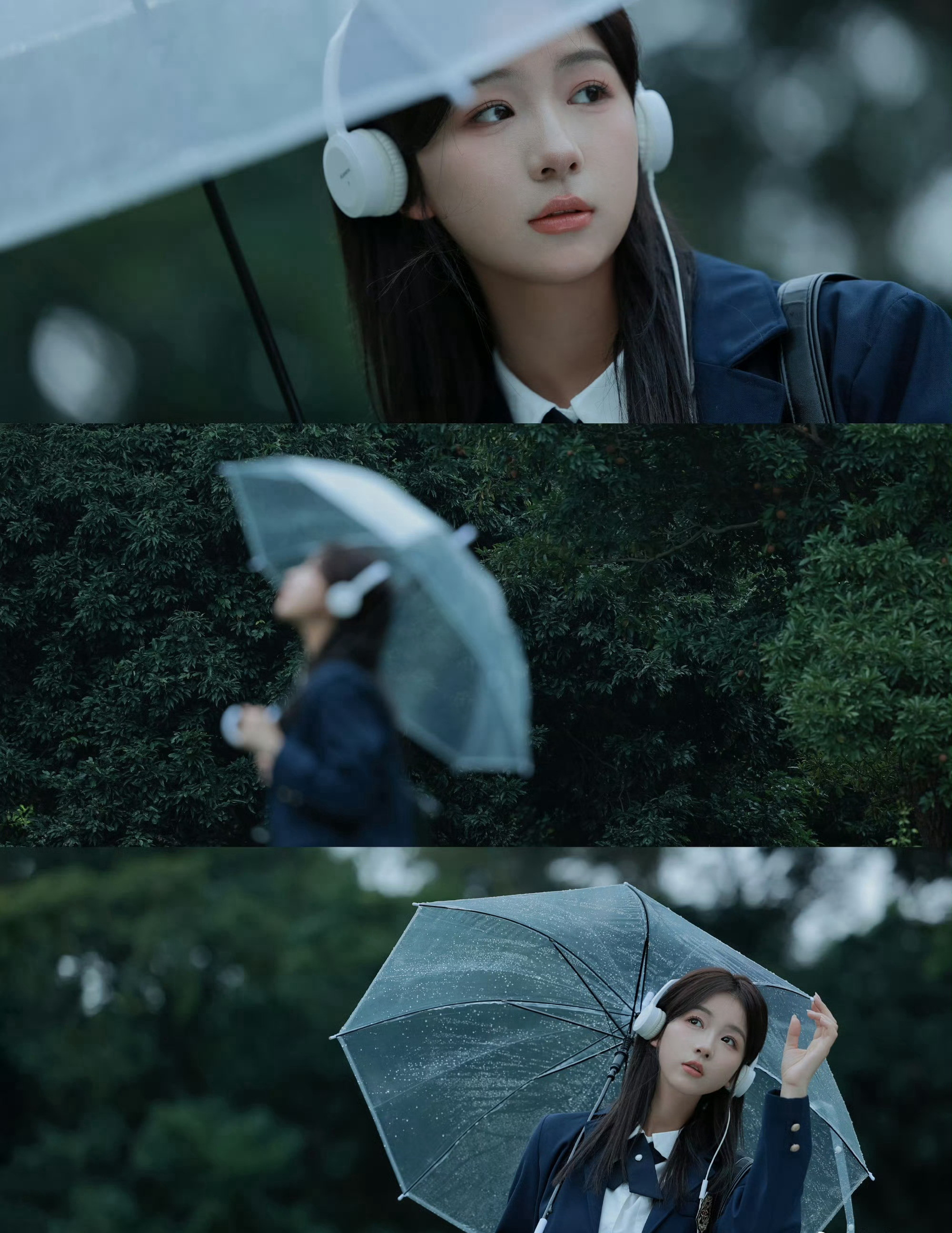 轻风细雨，享受一个人的清新和音乐，撑伞行走在阴雨中的女孩漫步绿荫树下摄影美图套图5