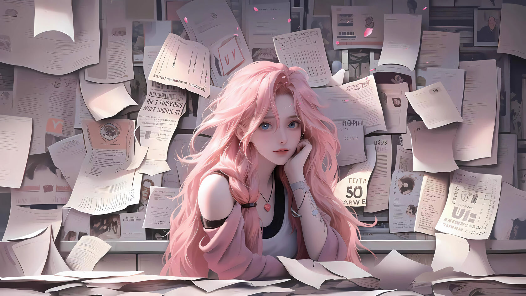 粉色卷发的超漂亮AI美女桌面壁纸图片