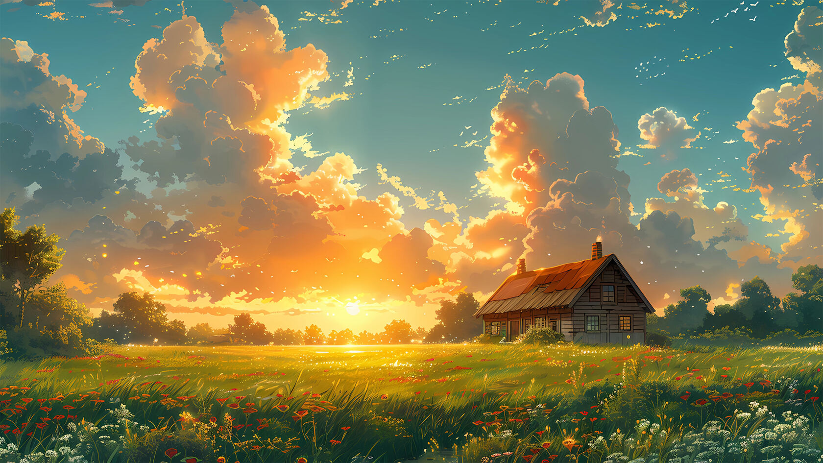 透过蓝天白云照射出的金色阳光，原野，屋子唯美ai景色壁纸图片