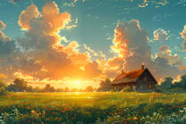 透过蓝天白云照射出的金色阳光，原野，屋子唯美ai景色壁纸图片