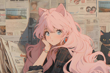 单手托腮的猫耳朵粉色发型AI动漫美少女和一只小黑猫高清桌面壁纸图片