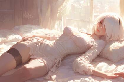 超性感的尤尔哈2B，穿着丝袜，躺在床上睡觉的尤尔哈2B白裙着装动漫美图壁纸