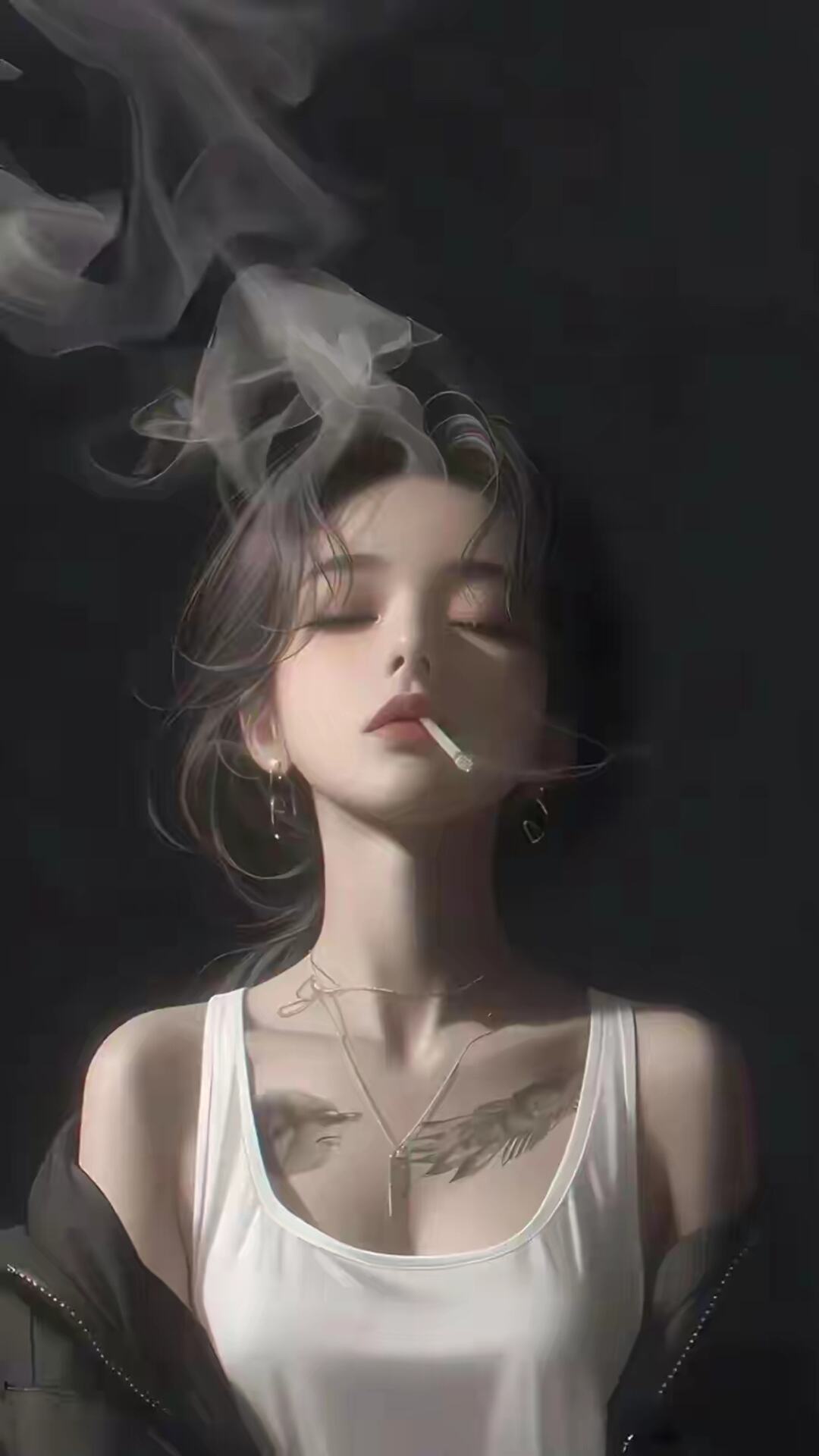 闭着眼睛，纹身美女，抽烟，仰着头，颓废感AI美女小姐姐手机壁纸图片